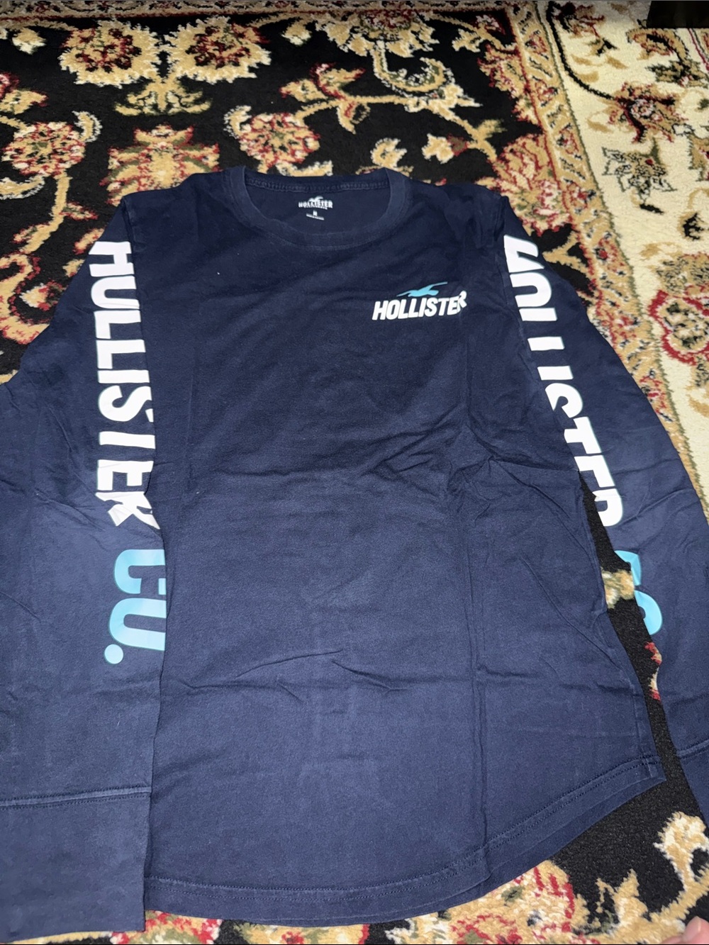Hollister Navy Long Sleeve Logo Tee with Light Blue Accents